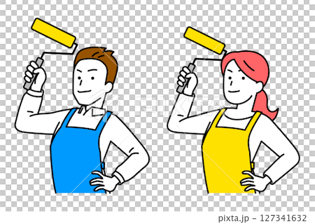 Set of men and women in aprons holding paint rollers 127341632