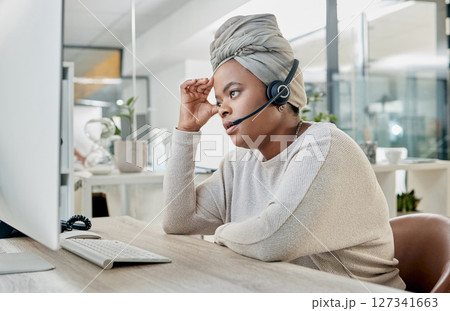 Call center, black woman with headache from burnout, employee fatigue, frustrated and glitch with CRM, contact us and computer. Mental health, pain and computer screen, tired and mistake with crisis. 127341663