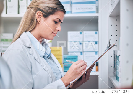 Pharmacist, writing or woman with checklist for medicine stock or medical supplements inventory supply. Pharmacy, clipboard or doctor recording retail drugs data for store shelf products management Pharmacist, writing or woman with checklist for medicine stock or medical supplements inventory supply. Pharmacy, clipboard or doctor recording retail drugs data for store shelf products management 127341829
