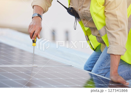 Engineer, man or solar panels for clean energy, maintenance for building or sustainability. Male technician, electrician or installation for alternative power, agriculture innovation or eco friendly 127341866