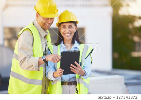 Engineer, man and woman with tablet for online research, schedule for building project and maintenance. Digital, people talking and construction worker with innovation, search internet and inspection 127341872