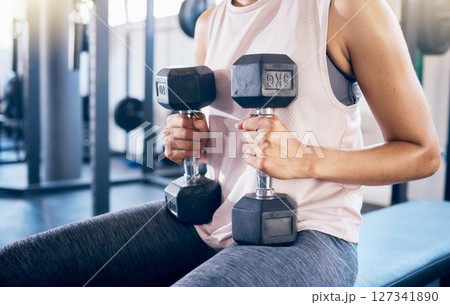 Woman, arms or dumbbell gym workout, training or exercise for strong muscle growth, healthcare wellness or body management. Sports athlete, personal trainer or coach with weightlifting fitness goals 127341890