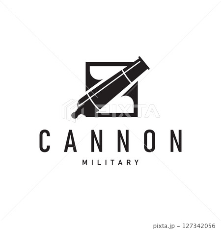 cannon logo war combat equipment or heavy army equipment with black silhouette concept vintage retro as symbol illustration template 127342056