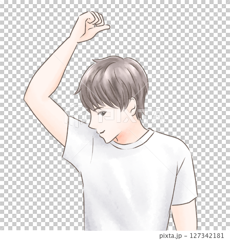 A smiling man is happy that he no longer has to worry about sweat stains under his arms 127342181