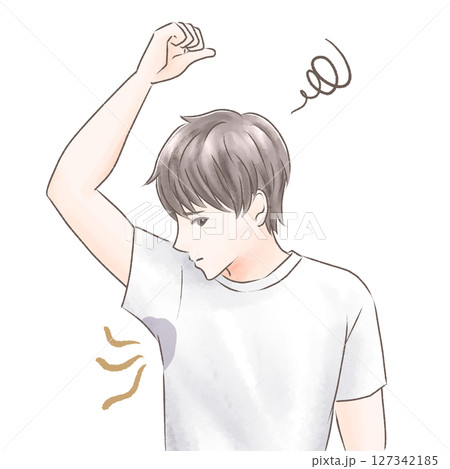 脇に汗染みができて臭いが気になる男性 127342185