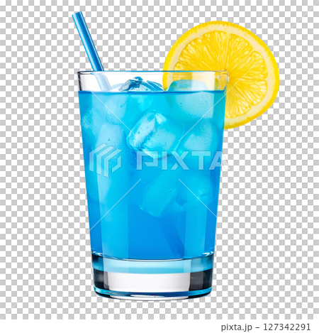 Tropical fruit cocktail drink with berries, ice, and a straw, isolated on white for a refreshing summer beverage 127342291