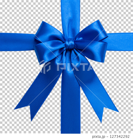 Festive blue ribbon bow, perfect for holiday gifts or celebration decorations, isolated on white. 127342292