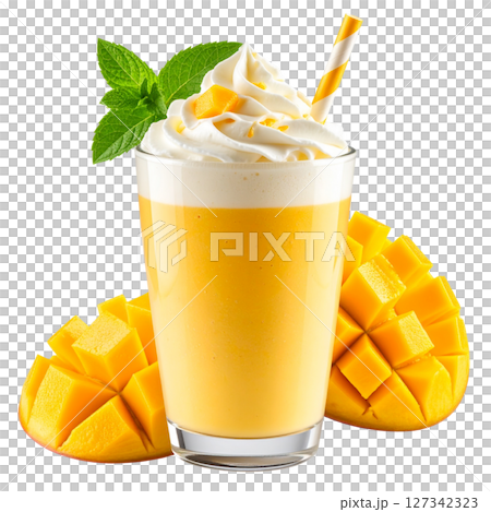 Tropical fruit cocktail drink with berries, ice, and a straw, isolated on white for a refreshing summer beverage Tropical fruit cocktail drink with berries, ice, and a straw, isolated on white for a refreshing summer beverage 127342323