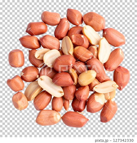Close-up of a healthy brown heap of peanuts on a white background. 127342330