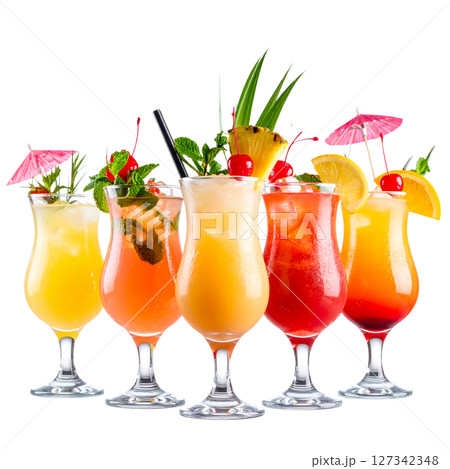 Tropical fruit cocktail drink with berries, ice, and a straw, isolated on white for a refreshing summer beverage 127342348