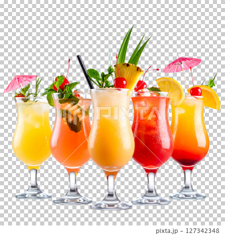 Tropical fruit cocktail drink with berries, ice, and a straw, isolated on white for a refreshing summer beverage 127342348