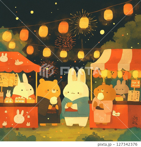 浴衣を着たどうぶつたちの夏祭りイラスト／夜の縁日 127342376