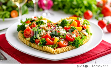 Fresh, healthy salad with tomatoes, cucumbers, and cheese on a plate, perfect for a delicious meal or appetizer 127342467