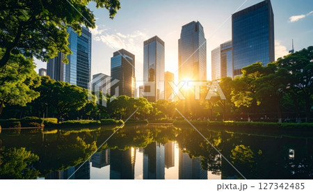 Chicago downtown urban cityscape at sunset and night with modern skyscraper architecture, river, and park views 127342485