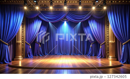 3D illustration of elegant velvet theater stage curtain backdrop in a classic design. 3D illustration of elegant velvet theater stage curtain backdrop in a classic design. 127342605