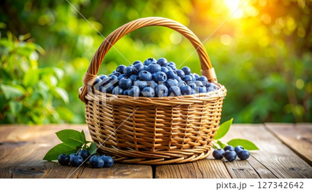 Harvest of fresh blueberries in rustic wicker basket on wooden farmhouse table. 127342642
