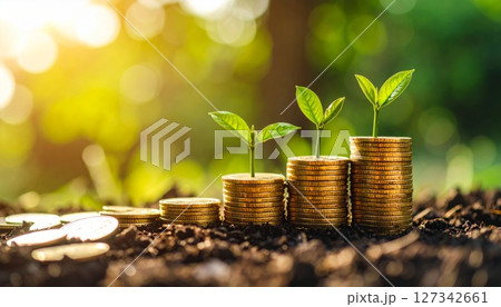 Pile of gold coins with growing green plant. 127342661