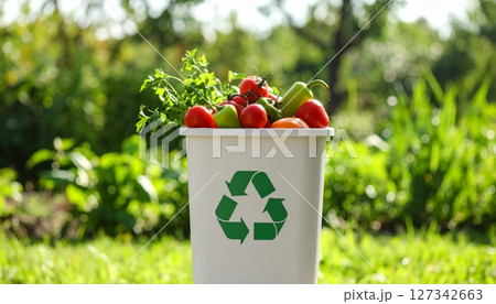 Recycling bin filled organic waste, fresh vegetables, red tomatoes, green peppers. Recycling bin filled organic waste, fresh vegetables, red tomatoes, green peppers. 127342663