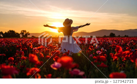 Woman silhouetted against the vibrant sunset sky, arms outstretched in a poppy field, embodying freedom and joy amidst nature's beauty 127342715