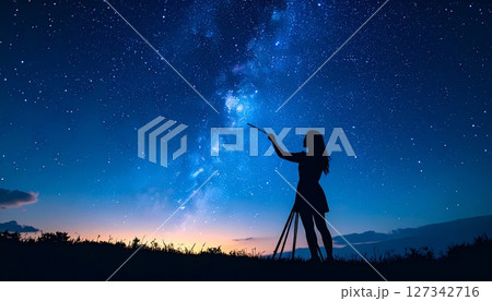 Whispers of the Cosmos: A silhouette of a person, with a magical wand, is silhouetted against a mesmerizing expanse of the night sky, suggesting the infinite wonder of the universe 127342716