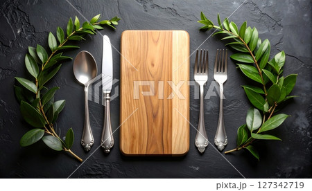 Fresh herbs and spices on a wooden table with a fork and knife set for a healthy meal Fresh herbs and spices on a wooden table with a fork and knife set for a healthy meal 127342719