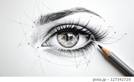 Eye Pencil Drawing: A detailed pencil drawing captures the expressive beauty of a human eye, complete with delicate eyelashes and realistic shading, showcasing the artistry and skill of the sketch. Eye Pencil Drawing: A detailed pencil drawing captures the expressive beauty of a human eye, complete with delicate eyelashes and realistic shading, showcasing the artistry and skill of the sketch. 127342729
