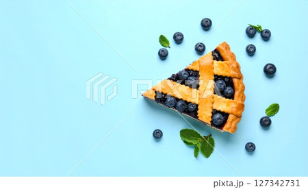 Blueberry Pie Slice: A delectable slice of homemade blueberry pie, adorned with fresh mint leaves and scattered blueberries, presented on a clean surface. Blueberry Pie Slice: A delectable slice of homemade blueberry pie, adorned with fresh mint leaves and scattered blueberries, presented on a clean surface. 127342731