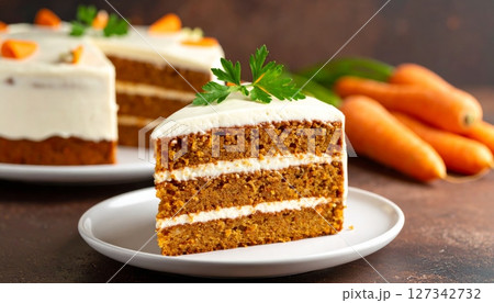Carrot Cake Slice: A delectable slice of moist carrot cake, layered with creamy frosting and garnished with fresh parsley, sits on a white plate alongside a whole cake and fresh carrots. 127342732