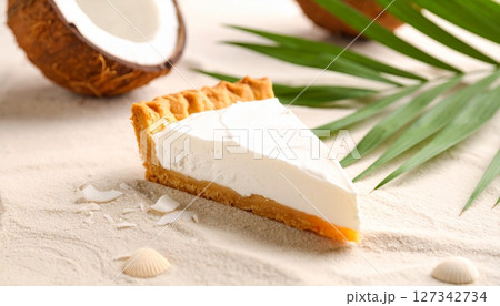Coconut Cream Paradise: A luscious slice of coconut cream pie, showcasing its creamy layers and crumbly crust, rests invitingly alongside tropical accents. Coconut Cream Paradise: A luscious slice of coconut cream pie, showcasing its creamy layers and crumbly crust, rests invitingly alongside tropical accents. 127342734