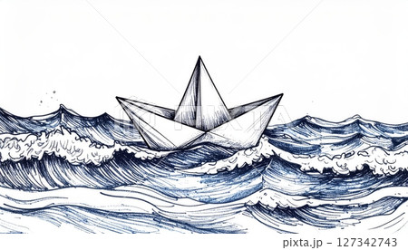 Paper Boat on Stormy Seas: A delicate origami boat bravely navigates through a turbulent sea, embodying resilience and the spirit of adventure amidst the raging waves. Paper Boat on Stormy Seas: A delicate origami boat bravely navigates through a turbulent sea, embodying resilience and the spirit of adventure amidst the raging waves. 127342743
