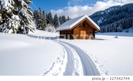Snow-Covered Chalet Serenity: A solitary chalet, nestled amid a pristine snow-covered landscape under a radiant sky, creates a serene winter scene. Snow-Covered Chalet Serenity: A solitary chalet, nestled amid a pristine snow-covered landscape under a radiant sky, creates a serene winter scene. 127342744
