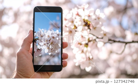 Blossom App Capture: A close-up shot showcases a hand holding a smartphone, capturing an image of delicate cherry blossoms in full bloom against a vibrant sky. It's a spring moment. Blossom App Capture: A close-up shot showcases a hand holding a smartphone, capturing an image of delicate cherry blossoms in full bloom against a vibrant sky. It's a spring moment. 127342746