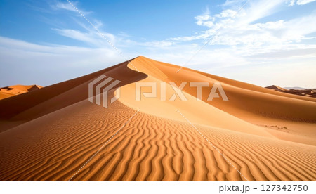 Desert Dunes in the sunlight: A mesmerizing view of a majestic sand dune, sculpted by the wind's artistry, bathed in the golden sunlight under a vast blue sky. 127342750