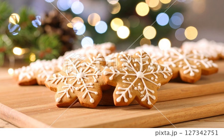 Festive Snowflake Cookies: An inviting array of snowflake-shaped cookies artfully displayed on a wooden board, accompanied by soft bokeh lights, creating a warm. Festive Snowflake Cookies: An inviting array of snowflake-shaped cookies artfully displayed on a wooden board, accompanied by soft bokeh lights, creating a warm. 127342751