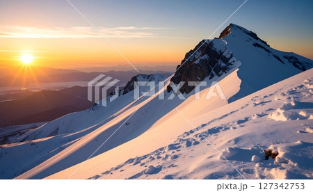 Majestic Peak at Dawn: A breathtaking view of a snow-capped mountain bathed in the golden light of sunrise, offering a sense of tranquility and inspiring awe. Majestic Peak at Dawn: A breathtaking view of a snow-capped mountain bathed in the golden light of sunrise, offering a sense of tranquility and inspiring awe. 127342753