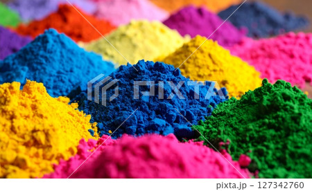 Colorful Powder Piles: An eye-level shot presents an array of colorful powder piles, showcasing a spectrum of hues and textures, offering a visual feast. 127342760