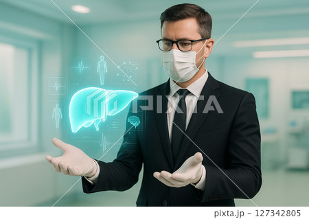 AI generated image of a female doctor in futuristic clinic using VR to project a glowing 3D liver hologram with data graphics in a pastel clean sci fi environment 127342805