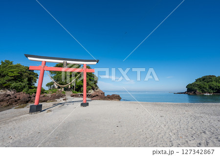 青い空と青い海に浮かぶ赤い鳥居 127342867