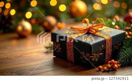 Black festive gift box with orange embroidery on wooden table 127342911