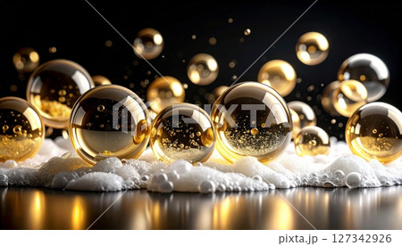 Golden soap bubbles on black background 127342926