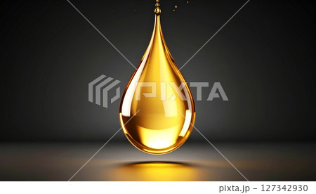 Golden oil drops falling on a dark background. 127342930
