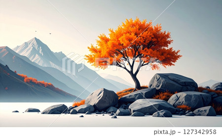 Minimalist digital art with orange trees and grey rocks. Minimalist digital art with orange trees and grey rocks. 127342958