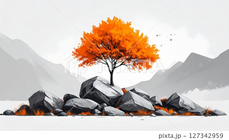 Minimalist digital art with orange trees and grey rocks. 127342959