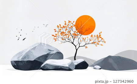 Minimalist digital art with orange trees and grey rocks. 127342960