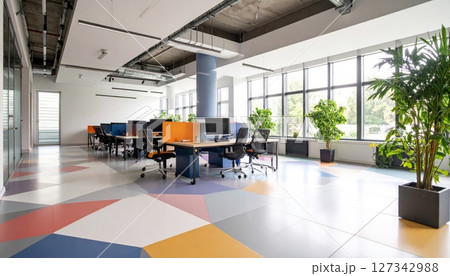 A modern and colorful team workspace with geometric patterns. A modern and colorful team workspace with geometric patterns. 127342988