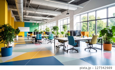 A modern and colorful team workspace with geometric patterns. 127342989
