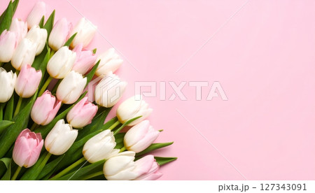 A lovely spring bouquet of pink tulips on white, perfect for a romantic gift or floral decoration 127343091
