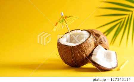 Coconut drink with straw on blue background 127343114