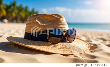 A straw hat and sunglasses rest on the summer sand, symbolizing tropical beach relaxation and vacation leisure 127343117