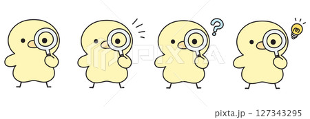 虫眼鏡を通してこちらを見る可愛いひよこのイラストセット 127343295